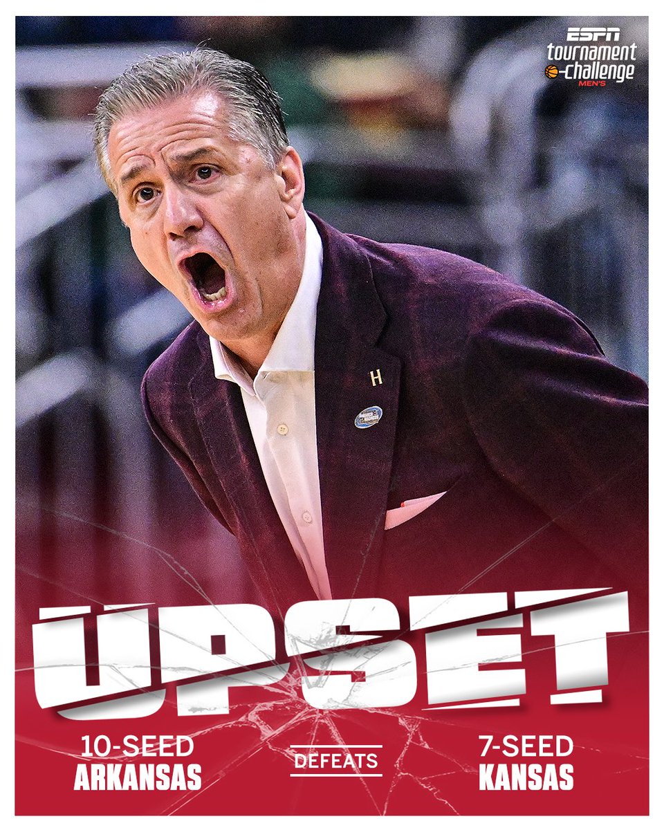 ARKANSAS ELIMINATES KANSAS FOR THE SECOND TIME IN THE LAST THREE YEARS 😳 

John Calipari wins his first NCAA tournament game with Arkansas 👏