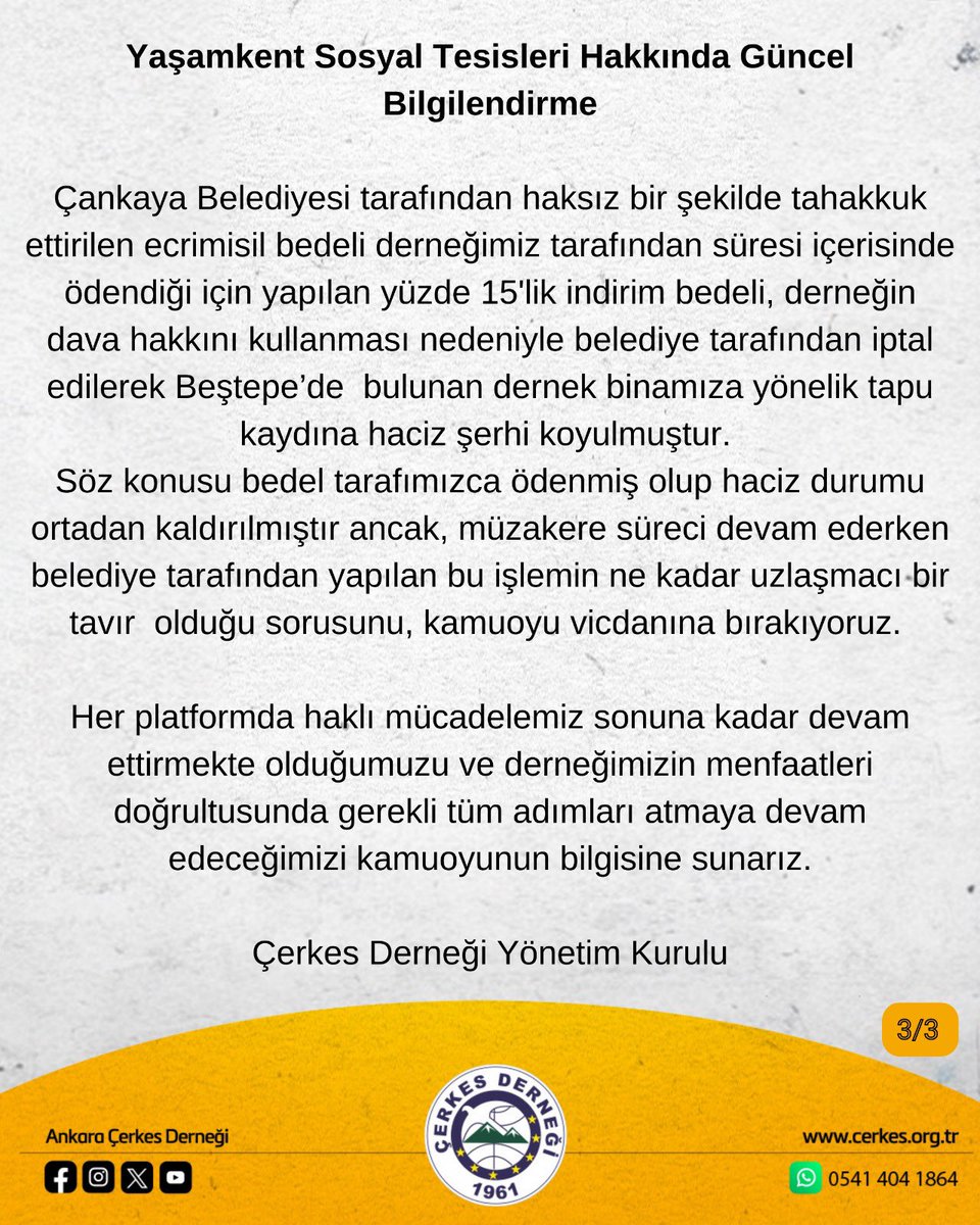 Yaşamkent Sosyal Tesisleri Hakkında Güncel Bilgilendirme

Değerli Üyelerimiz,

Çankaya Belediyesi ile Yaşamkent Sosyal Tesisleri konusunda, 21 Ocak tarihinde hukuki sürece dair güncel gelişmeleri sizlerle paylaşmıştık. Ardından, 12 Şubat’ta Cumhuriyet Halk Partisi
