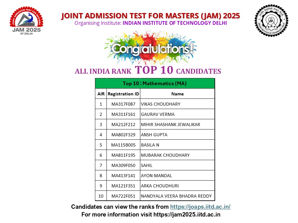 JAM2025Official's tweet image. Congratulations to JAM-2025 (AIR) TOP 10 candidates.
Candidates can view the ranks from joaps.iitd.ac.in
For more information visit jam2025.iitd.ac.in

#JAM2025
@iitdelhi @iiscbangalore @iitbombay @IITGuwahati @IITKanpur @iitkharagpur @iitmadras @iiscbangalore