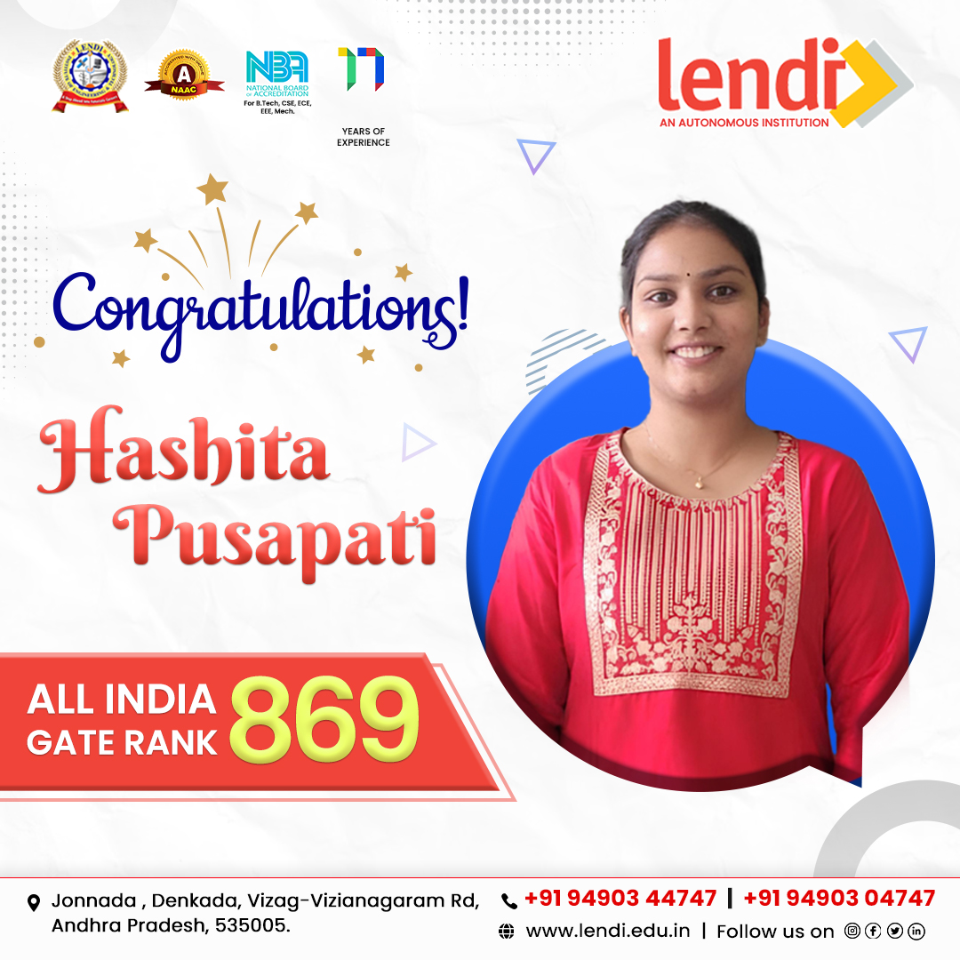 lendi2008's tweet photo. Heartiest congratulations to Hashita Pusapati for securing an All India GATE Rank of 869! 🏆 Your dedication and hard work inspire us all. Keep shining and achieving greater heights! 
#lendi #lendieducationalinstitution #lendiengcollege #vizag #vizianagaram #GATEExam #GATE2025 https://t.co/KbTG3DXYWe