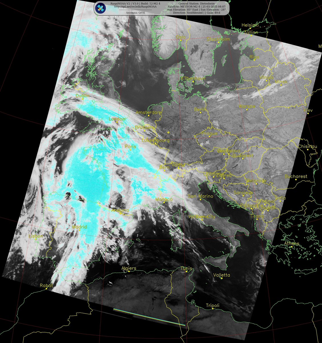 Ground Station: Dietesheim
• Satellite: METEOR-M2 4 | 21-03-2025 04:07
Max Elevation: 85° East | Sun Elevation: -24°
Direction: Southbound | | Gain: 49.6