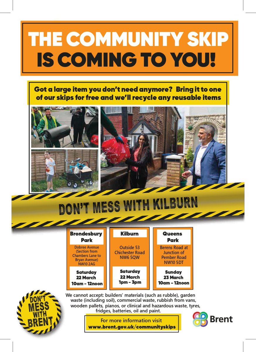 Tomorrow, get rid of your bulky waste for free Kilburn, Brondesbury Park, &amp; Sunday QueensPark - all details here brent.gov.uk/bins-rubbish-a… (No paint, builders’ rubble, garden waste, textiles or pianos (!) please!) #fightingflytippers #BrentCouncil #BrentLabour 📢