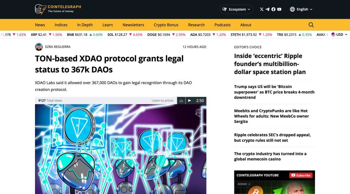 XDAO (@xdaoapp) on Twitter photo We’ve been featured in <a href="/Cointelegraph/">Cointelegraph</a> 📰
Read the article about how we achieved such impressive results and became the first in the world to register such a huge number of DAOs in record time!
TON-based XDAO protocol grants legal status to 367k DAOs 👇🏼
cointelegraph.com/news/xdao-labs… We’ve been featured in <a href="/Cointelegraph/">Cointelegraph</a> 📰
Read the article about how we achieved such impressive results and became the first in the world to register such a huge number of DAOs in record time!
TON-based XDAO protocol grants legal status to 367k DAOs 👇🏼
cointelegraph.com/news/xdao-labs…