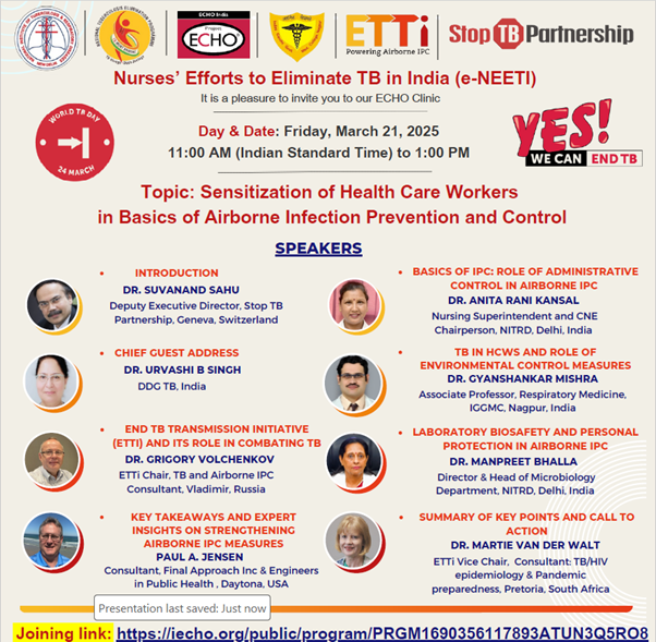 Suvanand Sahu (@sahusuvanand) on Twitter photo Excellent, well attended World TB Day event organized by e-NEETi & <a href="/StopTB_ETT/">END TB TRANSMISSION INITIATIVE (ETTi)</a> of <a href="/StopTB/">Stop TB Partnership</a>, on prevention of transmission of airborne infections. #YesWeCanEndTB by investing on making the air we breathe free of infection - this also prepares us for pandemics. Excellent, well attended World TB Day event organized by e-NEETi & <a href="/StopTB_ETT/">END TB TRANSMISSION INITIATIVE (ETTi)</a> of <a href="/StopTB/">Stop TB Partnership</a>, on prevention of transmission of airborne infections. #YesWeCanEndTB by investing on making the air we breathe free of infection - this also prepares us for pandemics.