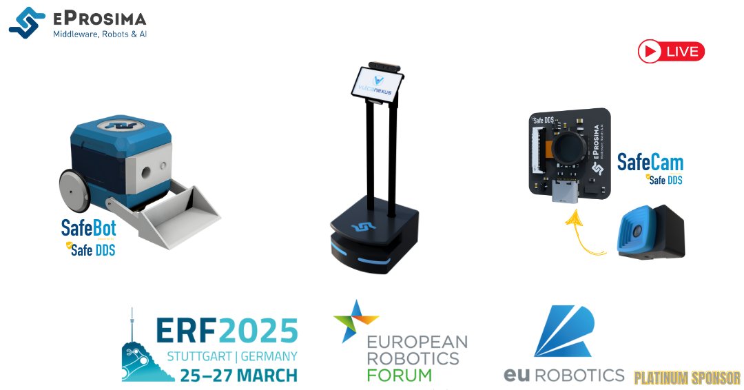 Join us at ERF 2025 in Stuttgart!

📍 Booth 47-48 – Watch our live demos:
 🤖 Vulcanbot – HRI with Vulcanexus and ROS 2 communication
 🛡️ SafeBot – Live video streaming with #SafeDDS
 📷 SafeCam – Real-time sensor fusion

🔗 More info: bit.ly/3Dv4sno

#ERF2025  #Robotics