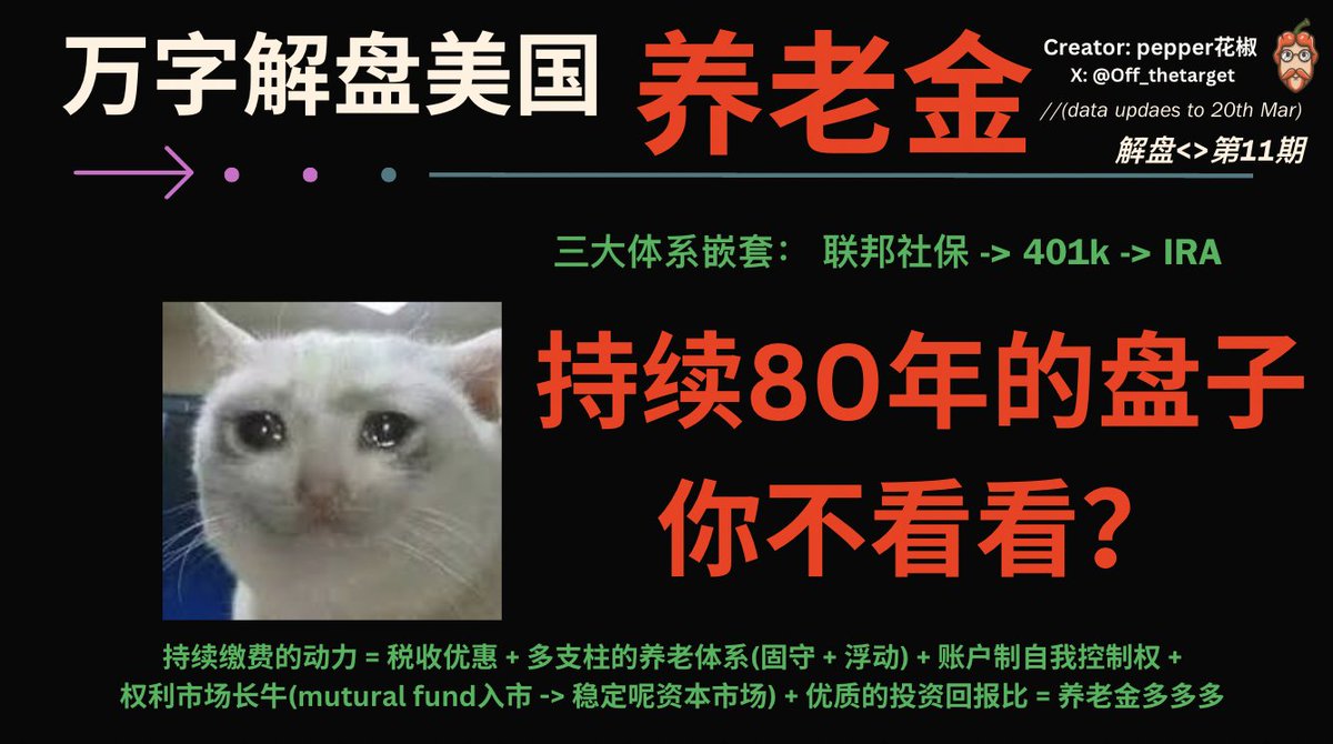off_thetarget's tweet image. &lt;美国养老金 &gt; 万字解盘 - made by 花椒
#极度硬核 #字数太长分为两弹
🌞前言
美国养老金的体系是从1935年&lt;社会保障法&gt;针对退休工人的联邦养老计划的延续,这是一个无比巨大的盘子,核心围绕的是现收现付的分红盘,但是随着baby boomers逐渐步入年老,这部分现收现付的养老金基本盘已经不太够用了…