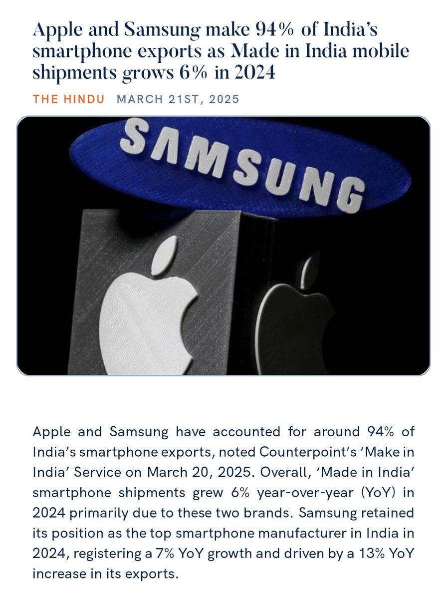 Apple and Samsung make 94% of India’s smartphone exports as Made in India mobile shipments grows 6% in 2024
thehindu.com/sci-tech/techn… 

via NaMo App