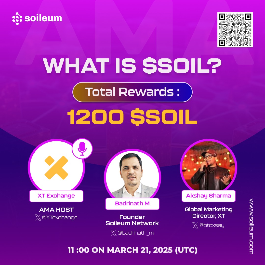 badrinath_m's tweet photo. 🔥 XT &amp; $SOIL X Space 🔥1,200 $SOIL Giveaway! 🚀

📅 Join here! → https://t.co/nB4VmTbr0y
💰 How to Enter:
✅ Follow @XTexchange, @XTExchangecn &amp; @soileum_network
✅ Like &amp; RT with #XT #XTSpace #SOIL + Tag 3 friends
✅ Join Soileum Telegram @soileumnetwork
🔥 Don’t miss out!🚀 https://t.co/qKPEEic6QF