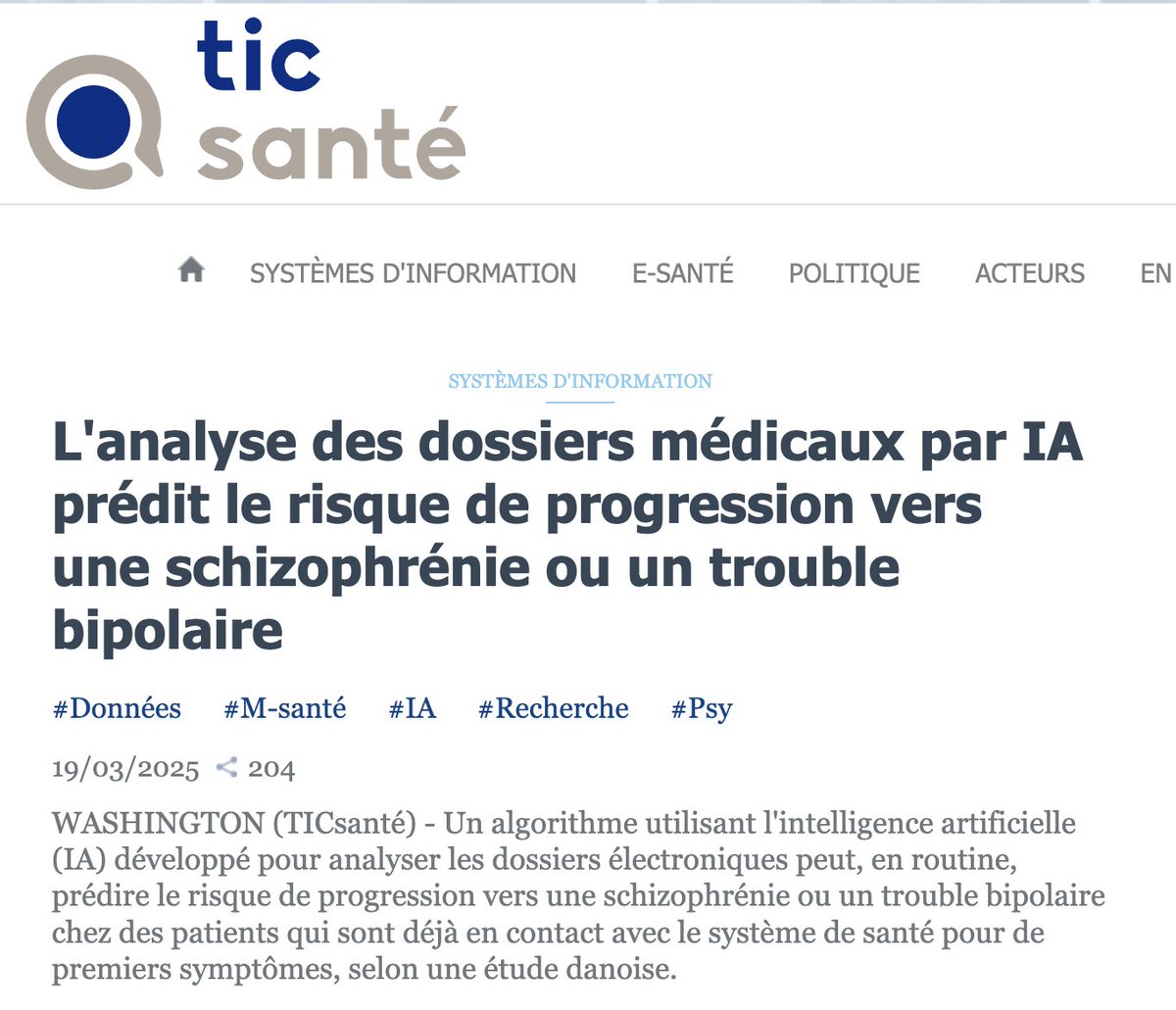 👀L'analyse des dossiers médicaux par #IA prédit le risque de progression vers une #schizophrénie ou un trouble bipolaire via <a href="/TICsante/">TICsanté</a> 
#ehealth #esante #hcsmeufr 
ticsante.com/story?ID=7621