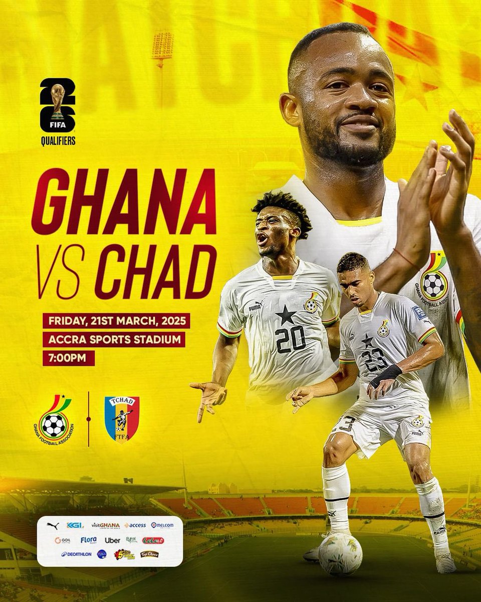 👊🏾 𝗠𝗔𝗧𝗖𝗛𝗗𝗔𝗬 - #FIFAWCQ ⚽️

🇬🇭 Ghana 🆚 Chad 🇹🇩 
🕰️ Kick-Off: 7:00 PM 

❤️ See you at the Accra Sports Stadium tonight 🫶🏾🏟️

#BlackStars