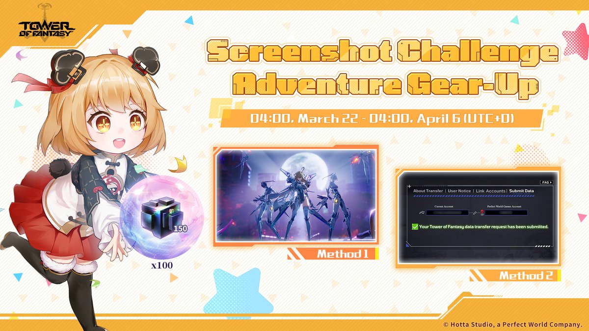 ToF_EN_Official's tweet photo. #TowerofFantasy Screenshot Challenge - Adventure Gear-Up

📅 Event Duration: 2025/03/22 04:00 ~ 2025/04/06 04:00 (UTC+0)
🎁 Event Reward: Dark Crystal ×150 for 100 winners
*Reward Distribution Time: 2025/04/23

It has been a while since the adventure restarted. How is the journey of Authorizers going? ✨
We invite everyone to share your adventure experiences through in-game screenshots! 📸
For those who have not yet returned to Aida, there's no need to worry. Once you complete the account transfer, you can still take part in the event by submitting screenshot and stand a chance to win Dark Crystal ×150!

🔍How to participate:
Method1⃣: Post your most impressive in-game screenshot from this version in the comments of this post;
Method2⃣: Submit the screenshot verifying your successful account transfer via: https://t.co/p7XXUnh3BH

*The screenshot verifying a successful transfer can be obtained and captured by logging into the official Account Transfer and Authorization Verification website: https://t.co/xExT6ZeKv7

#ToF