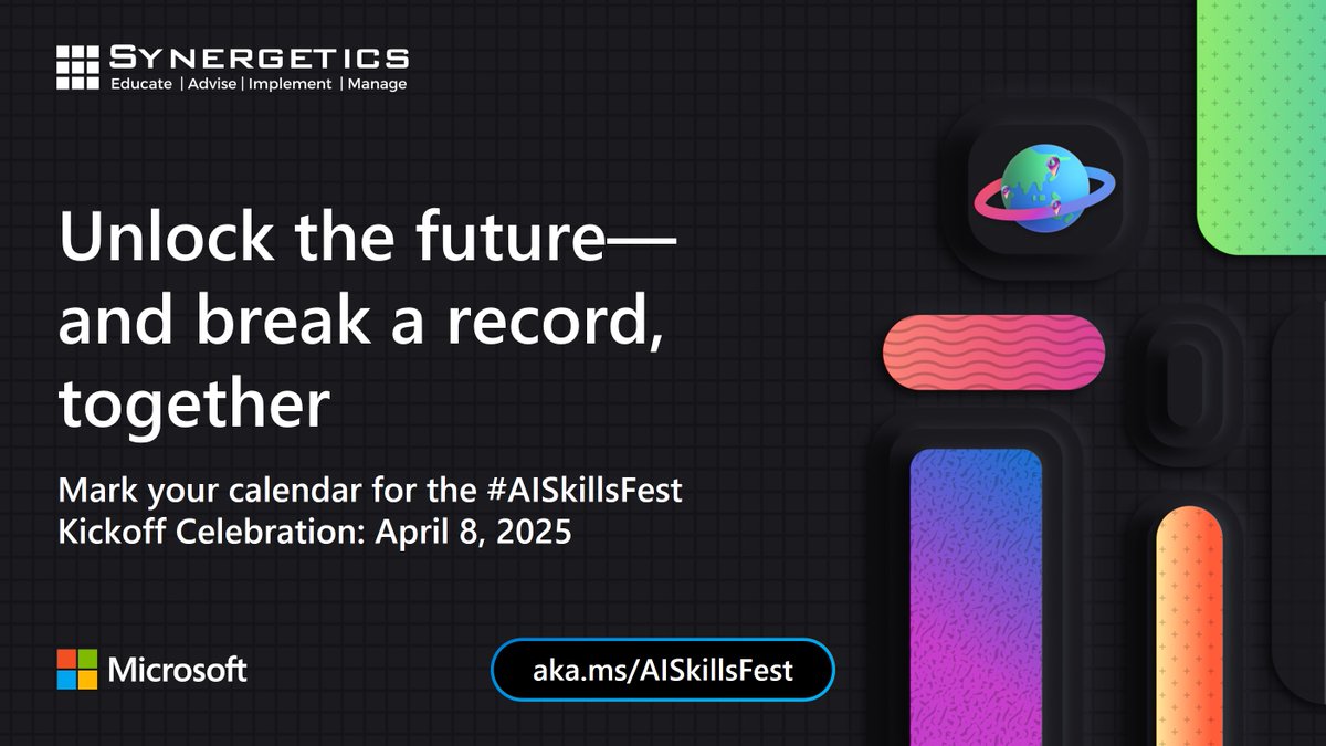 Synergetics Learning & Cloud Consulting (@synergetics1) on Twitter photo Build your AI skillsβand join learners from around the globe attempt a @GuinnessWorldRecords title. πͺ #AISkillsFest kicks off April 8. Register: tinyurl.com/mw6s8vvd
<a href="/MicrosoftLearn/">Microsoft Learn</a>
<a href="/MicrosoftLearn/">Microsoft Learn</a> <a href="/GWR/">Guinness World Records</a> Build your AI skillsβand join learners from around the globe attempt a @GuinnessWorldRecords title. πͺ #AISkillsFest kicks off April 8. Register: tinyurl.com/mw6s8vvd
<a href="/MicrosoftLearn/">Microsoft Learn</a>
<a href="/MicrosoftLearn/">Microsoft Learn</a> <a href="/GWR/">Guinness World Records</a>