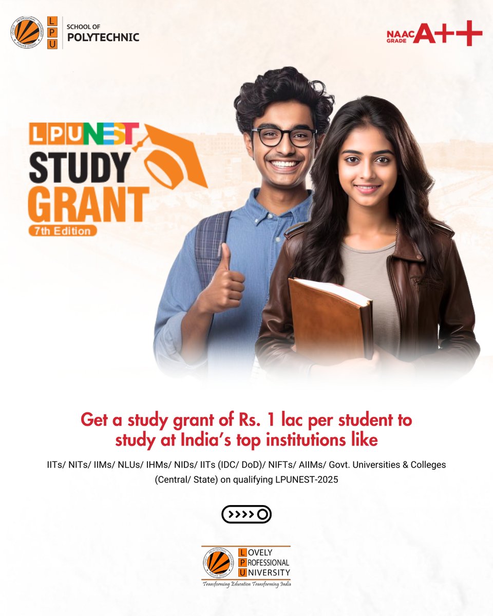 LPUPolytechnic's tweet image. LPU is offering ₹1 lakh study grants to deserving students for higher education at India's top institutions like IITs, NITs, IIMs, AIIMS, and more.

📅 Apply before 30th June 2025 and take a step towards your dream career!

#LPUNEST #StudyGrant #Scholarships #HigherEducation