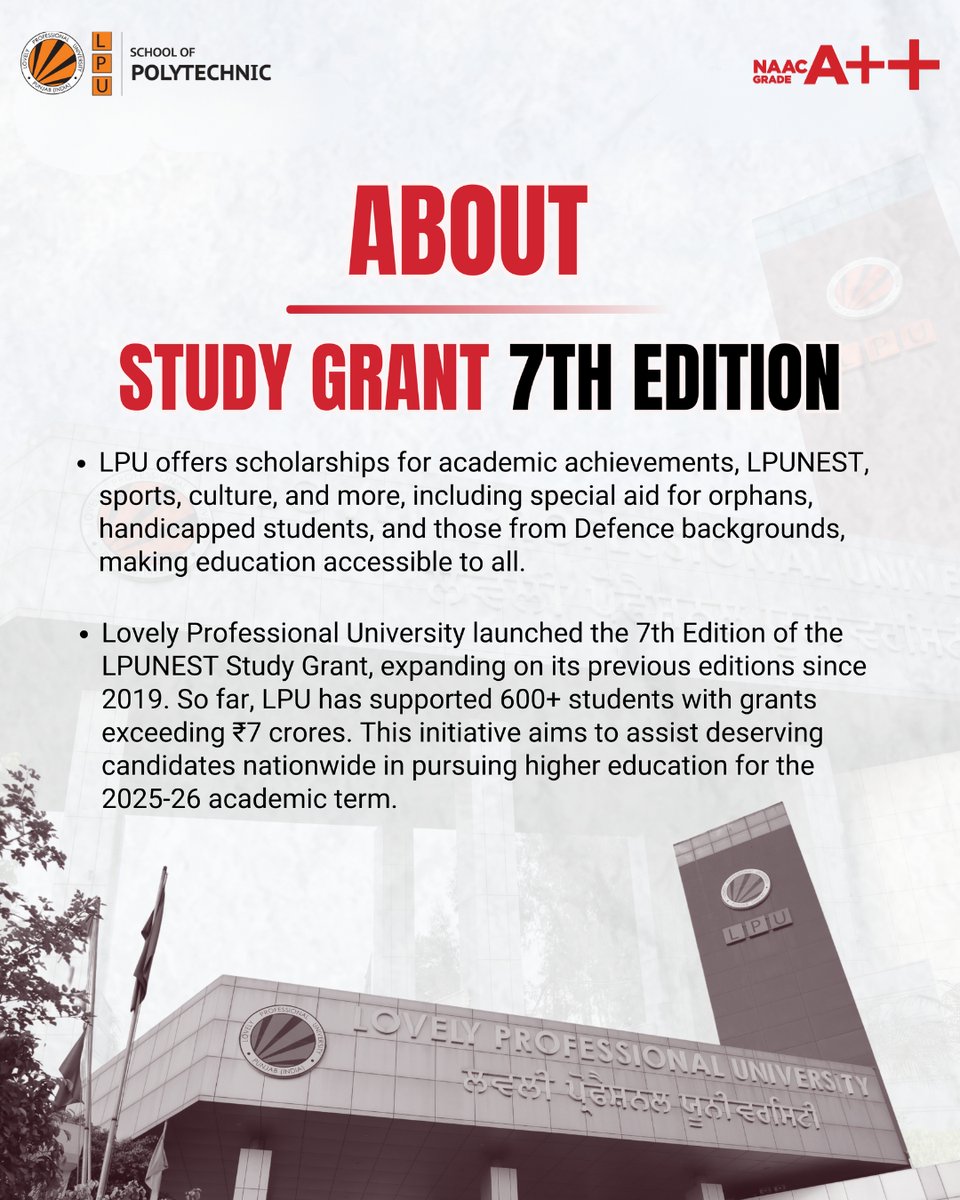 LPUPolytechnic's tweet image. LPU is offering ₹1 lakh study grants to deserving students for higher education at India's top institutions like IITs, NITs, IIMs, AIIMS, and more.

📅 Apply before 30th June 2025 and take a step towards your dream career!

#LPUNEST #StudyGrant #Scholarships #HigherEducation