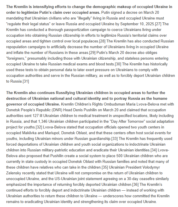 TheStudyofWar's tweet photo. The Kremlin is intensifying efforts to change the demographic makeup of occupied Ukraine in order to legitimize Putin's claim over occupied areas. 

The Kremlin also continues Russifying Ukrainian children in occupied areas to further the destruction of Ukrainian national and cultural identity and to portray Russia as the humane governor of occupied Ukraine.

The Kremlin's continued efforts to forcibly deport and indoctrinate Ukrainian children — instead of working with Ukrainian authorities to return these children to Ukraine — underscores how committed the Kremlin remains to eradicating Ukrainian identity and strengthening its claim over occupied Ukraine.
