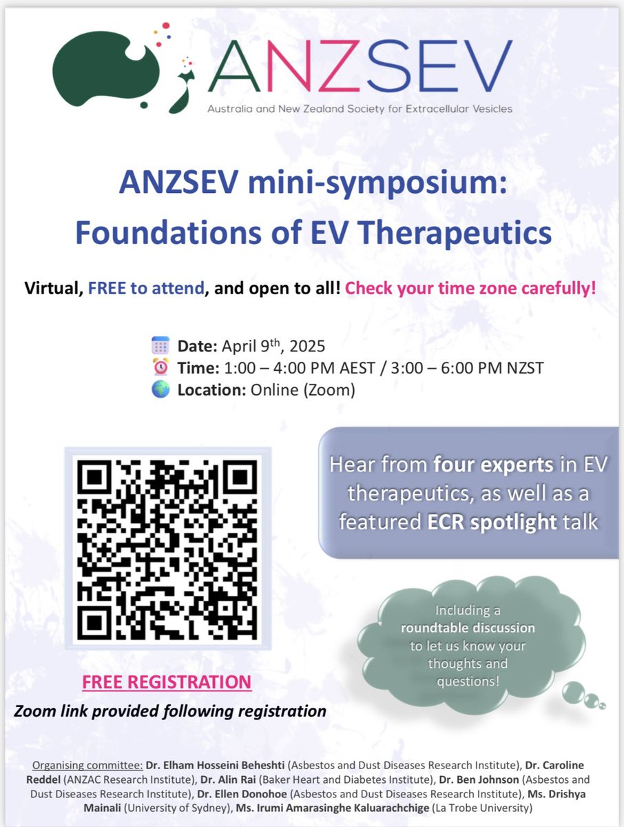 📢Upcoming mini-symposium: Foundations of EV Therapeutics!

Whether experienced in #ExtracellularVesicle therapy or interested in learning more about this exciting field, this back-to-basics event is not to be missed!

🗓️April 9th, 1pm AEST
🔗Register: uni-sydney.zoom.us/meeting/regist…