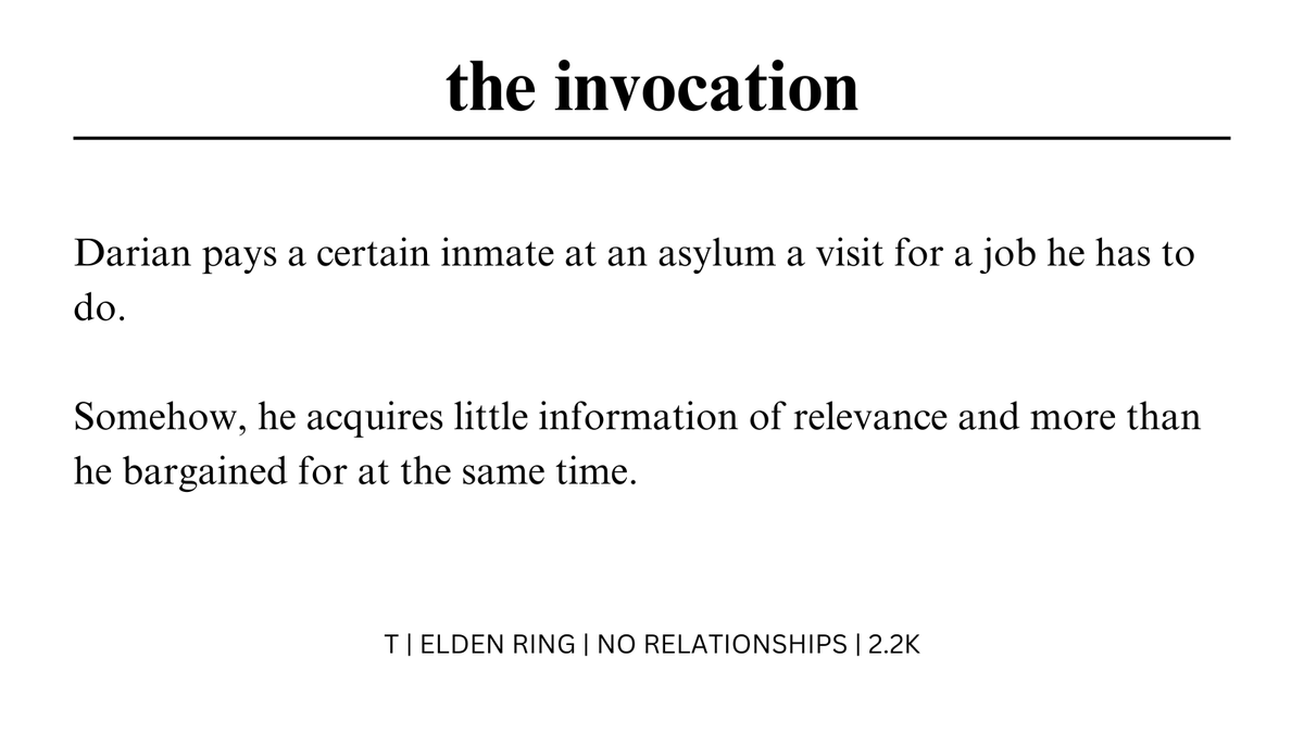 rozeves's tweet photo. the invocation
— rated t
— elden ring        
— no pairings    
— 2,260 words 
— the manhunter (1986) au that no one asked for, with varré as hannibal lecter and d, hunter of the dead as will graham

https://t.co/T07IB4dgjH https://t.co/oVuiUb4dUE