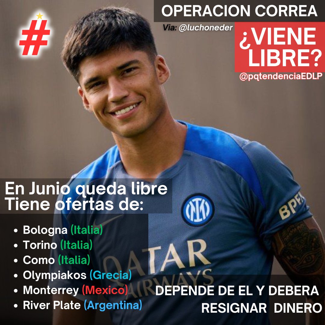 "Joaquin Correa"

Porque en Junio quedaría LIBRE y depende de el la vuelta al Pincha 🇦🇹👀

🚨 Tiene ofertas por otros 6 clubes, entre ellos River Plate.

Via <a href="/luchoneder/">Pony Neder</a> 

#EDLP 🇦🇹🦁