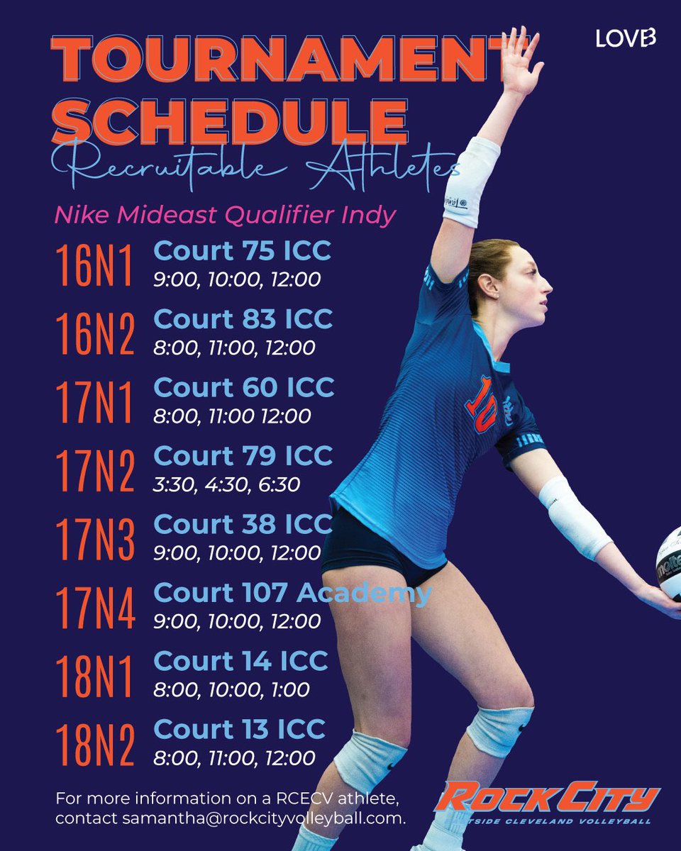 RockCity Eastside Cleveland Volleyball Recruiting (@rcecvrecruiting) on Twitter photo This Friday’s RCECV 16-18U girls national tournament schedules at the Nike Mideast Qualifier in Indy!
For more information on a RCECV athlete please contact samantha@rockcityvolleyball.com.
#RCECV #LOVBClubs #RecruitableAthletes #TakingCareOfBidness This Friday’s RCECV 16-18U girls national tournament schedules at the Nike Mideast Qualifier in Indy!
For more information on a RCECV athlete please contact samantha@rockcityvolleyball.com.
#RCECV #LOVBClubs #RecruitableAthletes #TakingCareOfBidness