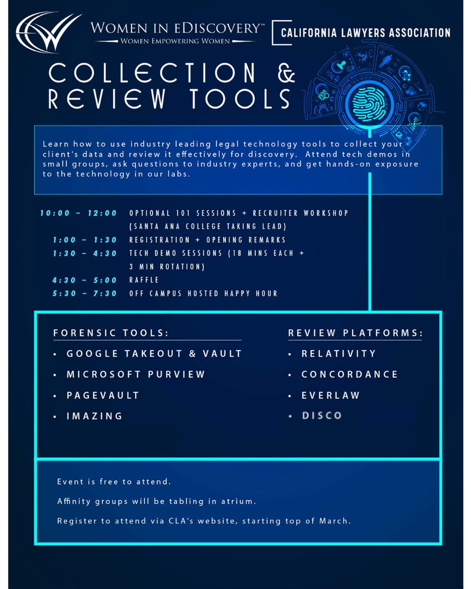 MeetLPI's tweet image. Techy or looking to get techy? Join LPI in Orange County as we head to this event brought to you by Women in eDiscovery and California Lawyers Association. #ediscovery #datacollectiontools #womeninediscovery #californialawyersassociation #continuingeducation