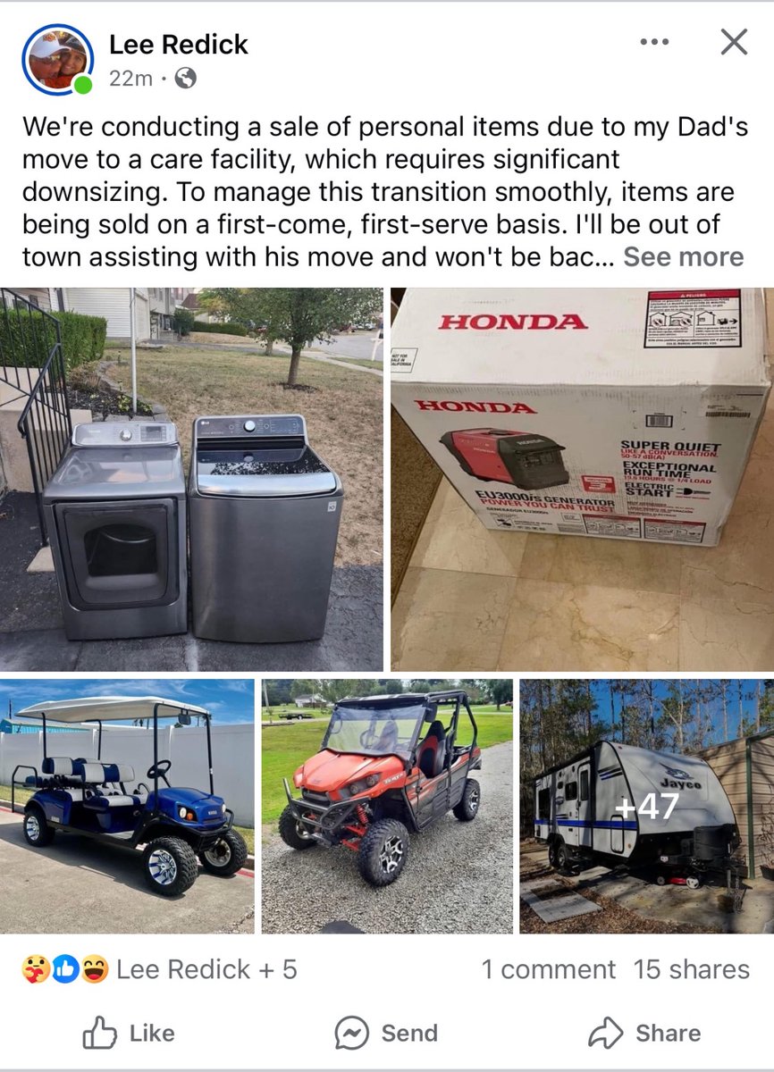 PLEASE HELP ME!!!!
My Facebook page has been hacked and I don't have access to it anymore! The hacker has posted that I need to raise money to move my dad to assisted living and has listed over 50 items for sale.  It's a scam!  Please go to my Facebook page and report it!  
Share