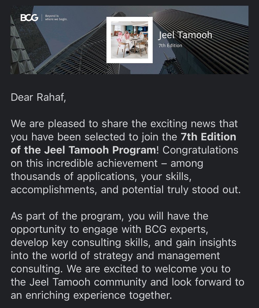 rnj_96's tweet photo. 💜 الحمدلله حمدًا كثيرًا طيبًا

Honored to be selected for the 7th edition of @jeeltamooh by BCG—among thousands of applicants! 🙏🏼

Excited to learn from BCG experts &amp; grow alongside talented peers 🤩

#JeelTamooh #BCGintheMiddleEast #NextGenLeader https://t.co/igiHEOnXWu