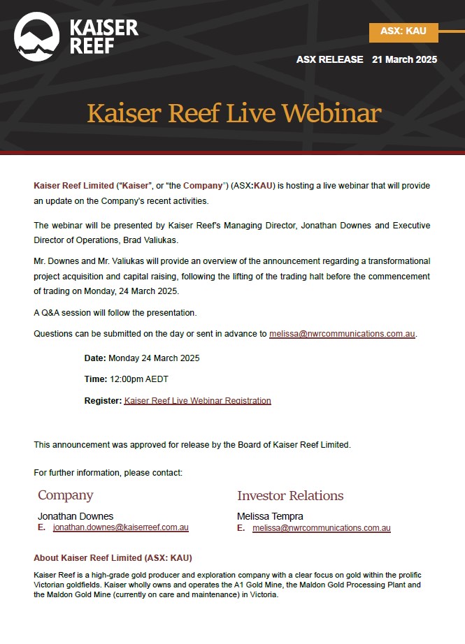 KaiserReef's tweet photo. Join Kaiser Reef's MD Jonathan Downes &amp; Executive Director of Operations Brad Valiukas for a live webinar this Monday. Live Q&amp;A included.

📅 Mon 24 Mar 2025
⏰ 12 PM AEDT 
🔗 Register: https://t.co/ySDXYoxRmM https://t.co/14ZTrVLM2b