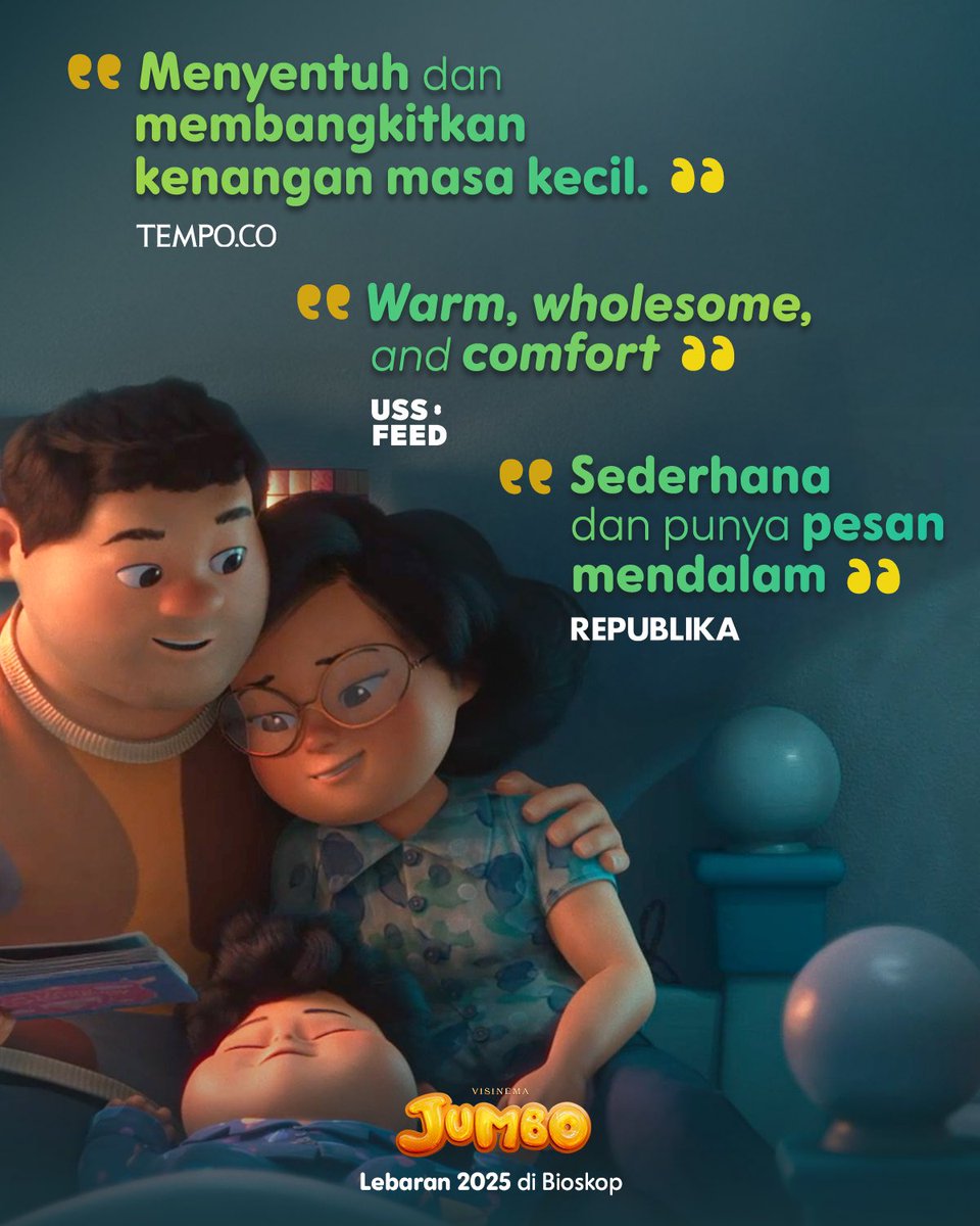 jumbofilm_id's tweet image. JUMBO Bikin Hangat &amp;amp; Penuh Nostalgia! 🥺🌟

Teman-teman media sudah merasakannya! JUMBO berhasil membangkitkan inner child kita semua ✨

JUMBO tayang Lebaran, 31 Maret 2025 di bioskop. Tungguin yaaa 👋🏼

#JumboUntukSemua #FilmJumbo #VisinemaStudios #FilmAnimasi #FilmIndonesia