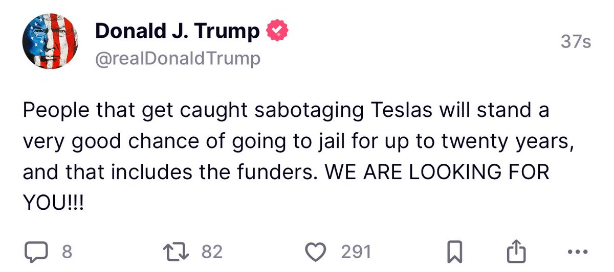 MAGAVoice's tweet image. BREAKING 🚨 This is one of Donald Trump’s most important posts. He has a message for anyone who is sabotaging Teslas 

“We are looking for you”

TICK TOCK…