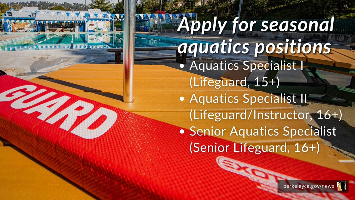 Teach swimming &amp; ensure pool safety as a Lifeguard/Instructor this summer in Berkeley.

🏊 Lead swim lessons for kids &amp; adults
🚑 Develop valuable water safety skills
🤽 Work in a fun environment

Apply: berkeleyca.gov/community-recr…

Lifeguard training course: rec.berkeleyca.gov/CA/berkeley-ca…