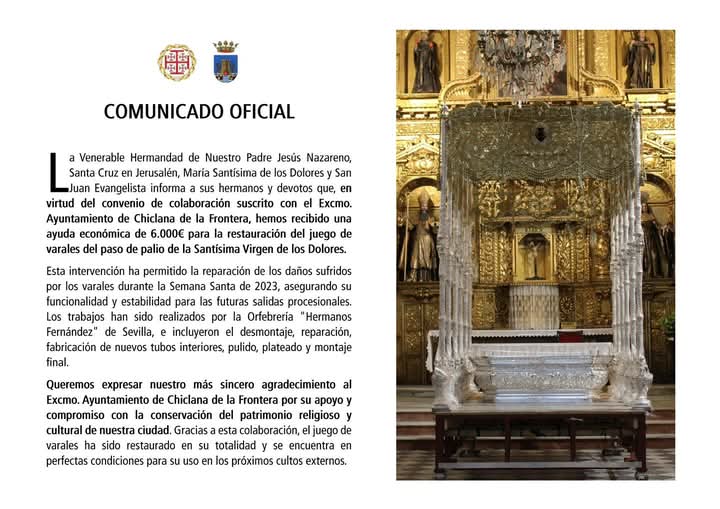 Hermandad Nazareno Chiclana (@hdadnazareno_) on Twitter photo COMUNICADO OFICIAL
La Junta de Gobierno de nuestra Venerable Hermandad informa que, en virtud del convenio con el <a href="/ayto_chiclana/">Ayuntamiento de Chiclana de la Frontera</a> ha recibido la ayuda de 6.000€ para la restauración del juego de varales del paso de palio de la Stma. Virgen de los Dolores.
#HermandadNazareno COMUNICADO OFICIAL
La Junta de Gobierno de nuestra Venerable Hermandad informa que, en virtud del convenio con el <a href="/ayto_chiclana/">Ayuntamiento de Chiclana de la Frontera</a> ha recibido la ayuda de 6.000€ para la restauración del juego de varales del paso de palio de la Stma. Virgen de los Dolores.
#HermandadNazareno