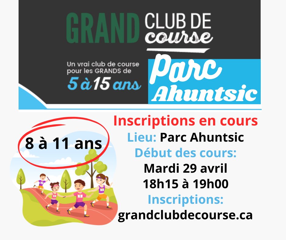 Bonjour tout le monde,
Le Grand Club de course reprend ses activités ce printemps.
Les cours auront lieu les mardis de 18h15 à 19h00 au Parc Ahuntsic.
Pour les enfants de 8 à 11 ans
PLACES LIMITÉES Il faut faire vite! 📷
Inscriptions ici: athleticsreg.ca/#!/series/gran…
