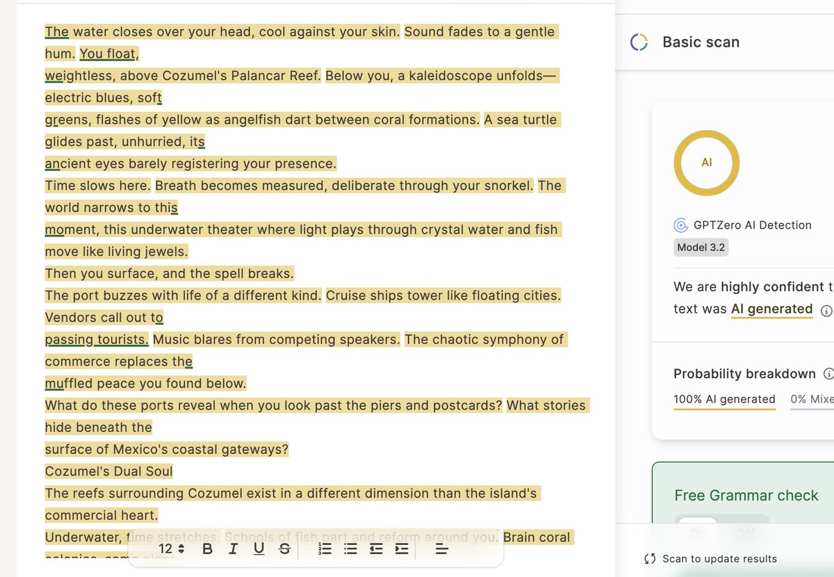 coinjive's tweet photo. @LCSlates not to be a buzzkill (I am seriously looking into Cuppa even though I already have a tons of AI writing tools)  but   gptzero gives 100% for this output :( I wonder if there's a way to bypass it with prompting. I don't seem to be able to figure it out. https://t.co/I0w8TpIQWf