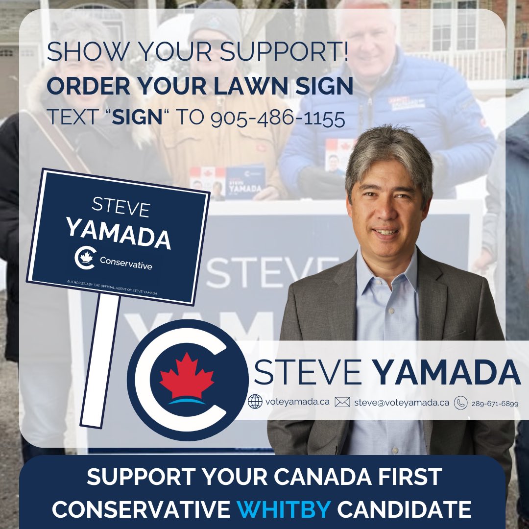 Show your support for Steve Yamada. Order your lawn sign today and stand with a Canada First Conservative for Whitby.

📲 Text ‘SIGN’ to 905-486-1155
🌐 voteyamada.ca

Together, let’s build a better future for Whitby! #SteveYamada #Whitby #CanadaFirst #Conservative