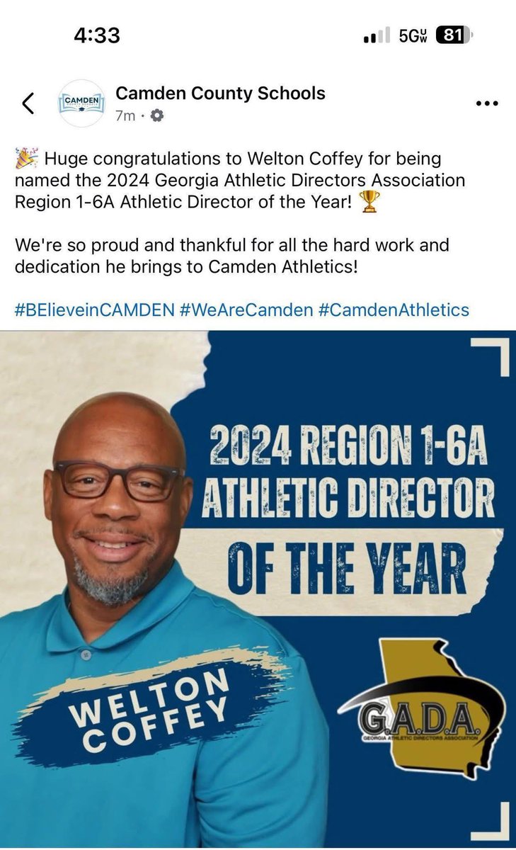 Congratulations to former Raines HC and current Camden County AD Welton Coffey on being named Georgia Athletic Directors Association Region 1-6A Athletic Director of the Year!