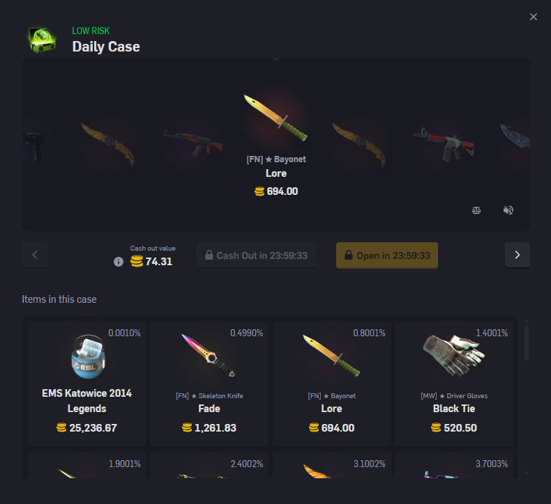 Damn, I won 6k on BIG, then open this Bayonet! 😲

I hit 310 2 days ago &amp; 230 3 days ago...

I can't believe my luck on these dailies! 😂

<a href="/CSGOEmpire/">CSGOEmpire</a>