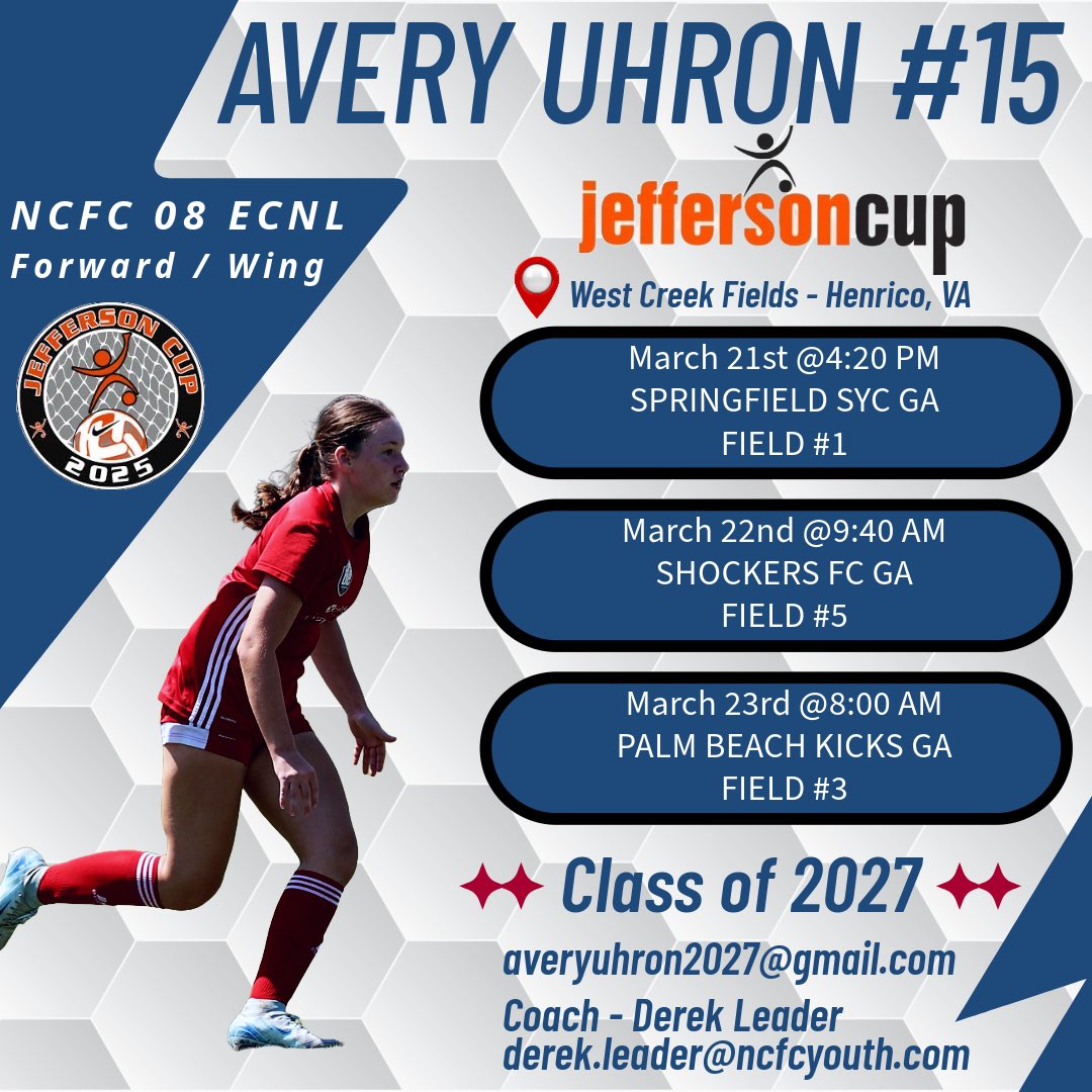 Avery Uhron (@averyuhron2027) on Twitter photo Looking forward to competing at #jeffcup25 this weekend. Coaches, please come watch me and my <a href="/08G_NCFC_ECNL/">2008/2007 NCFC ECNL Girls</a> teammates play.
<a href="/ECNLgirls/">ECNL Girls</a> <a href="/NCFC_ECNLGirls/">NCFC ECNL Girls</a> <a href="/TopDrawerSoccer/">TopDrawerSoccer</a> <a href="/TheSoccerWire/">SoccerWire</a> <a href="/ImCollegeSoccer/">College Soccer Truth ™</a> <a href="/ImYouthSoccer/">ECNL/GA/Recruiting/College Soccer</a> <a href="/PrepSoccer/">Prep Soccer ⚽️</a> <a href="/collegesoccercr/">College Soccer Creator</a> <a href="/UncommittedGrls/">UNCOMMITTED GIRLS for 🇺🇸 #CollegeSoccer</a> Looking forward to competing at #jeffcup25 this weekend. Coaches, please come watch me and my <a href="/08G_NCFC_ECNL/">2008/2007 NCFC ECNL Girls</a> teammates play.
<a href="/ECNLgirls/">ECNL Girls</a> <a href="/NCFC_ECNLGirls/">NCFC ECNL Girls</a> <a href="/TopDrawerSoccer/">TopDrawerSoccer</a> <a href="/TheSoccerWire/">SoccerWire</a> <a href="/ImCollegeSoccer/">College Soccer Truth ™</a> <a href="/ImYouthSoccer/">ECNL/GA/Recruiting/College Soccer</a> <a href="/PrepSoccer/">Prep Soccer ⚽️</a> <a href="/collegesoccercr/">College Soccer Creator</a> <a href="/UncommittedGrls/">UNCOMMITTED GIRLS for 🇺🇸 #CollegeSoccer</a>