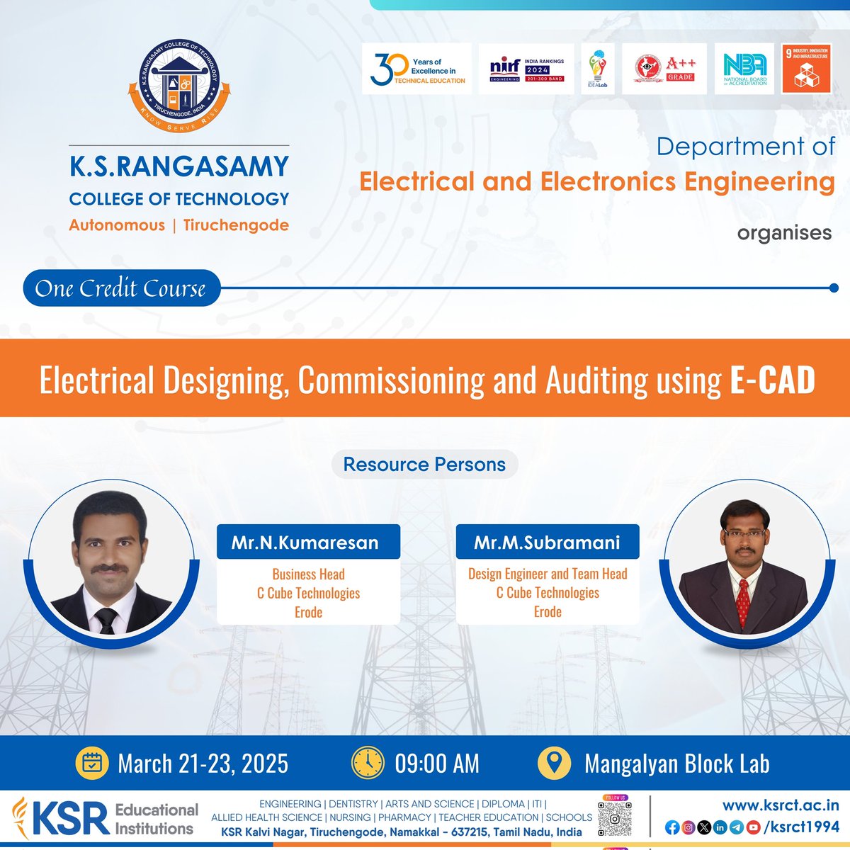 ksrct1994's tweet photo. Department of Electrical and Electronics Engineering at KSRCT is organizing One Credit Course on "Electrical Designing, Commissioning and Auditing using E-CAD" on March 21 - 23, 2025, 09:00 AM @ Mangalyan Block Lab, KSRCT.
#ksrct1994 #EEE #ElectricalDesigning #ECAD https://t.co/qCn99ue5fm