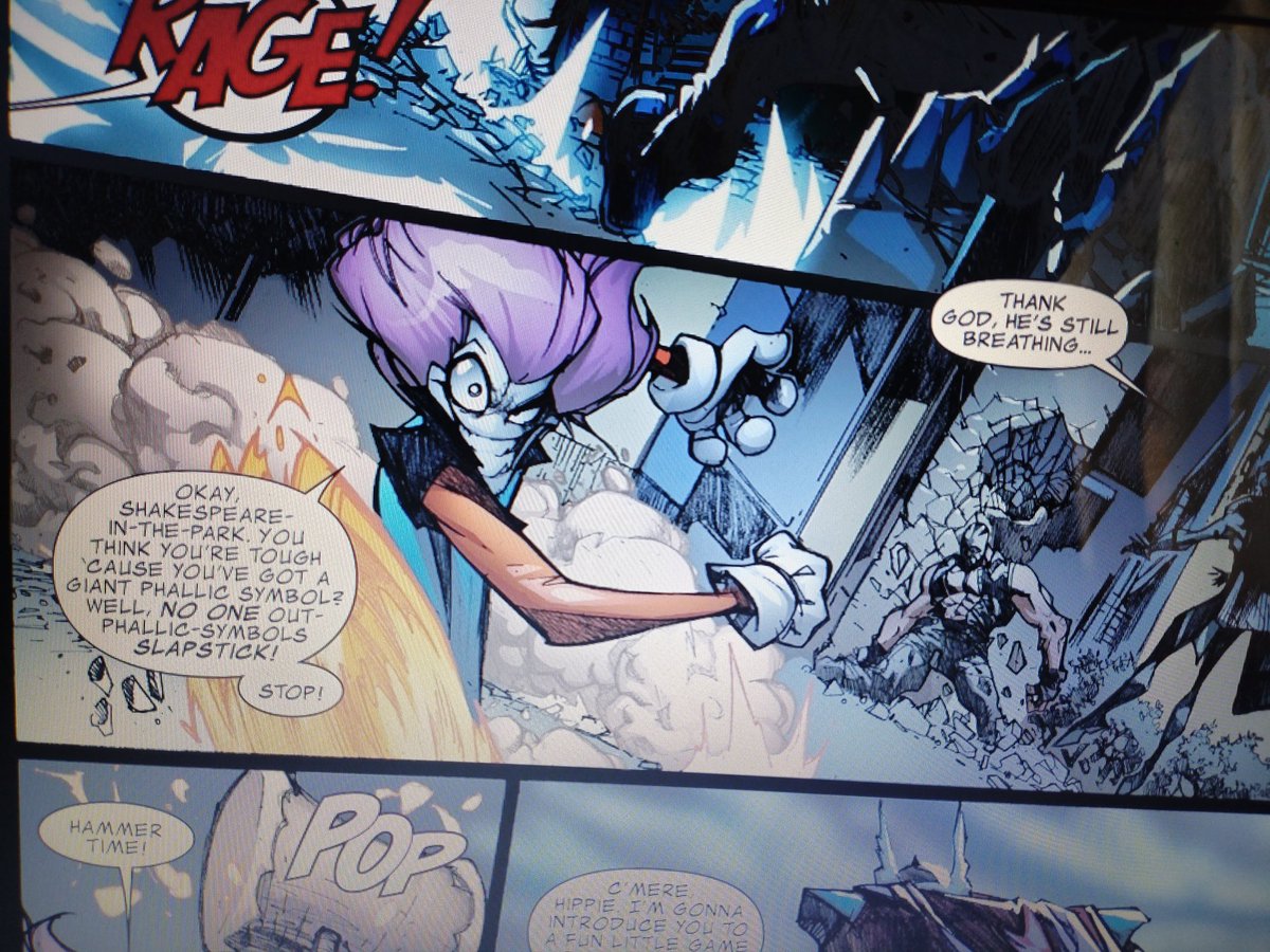 NightNomi's tweet photo. "Okay, Shakespeare-in-the-Park. You think you're tough cause you've got a giant phallic symbol? Well, no one out-phallic-symbols Slapstick! Stop!
Hammer time!" - Slapstick fighting Thor in Avengers Initiate. Such fun! #MarvelComics #AvengersInitiative https://t.co/5dK2e5g67d