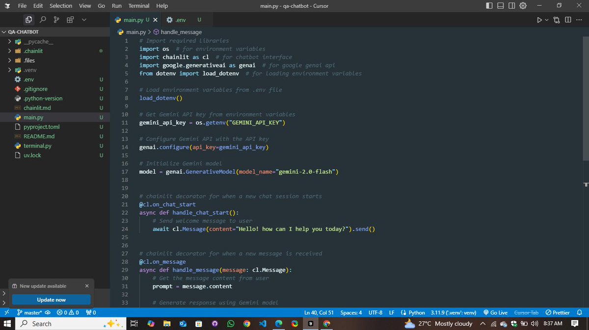 Jawad_Hassan0's tweet photo. ๐ Just built an LLM-powered QA Chatbot using Python, UV, Chainlit, and Gemini during #RamadanCodingNights Day 12!
Big thanks to Sir @0xAsharib for guiding us through this amazing project. ๐ Excited to explore the potential of AI-driven solutions! ๐ค๐ป
#AI #Chatbot #Python https://t.co/8fKGCXgxXs