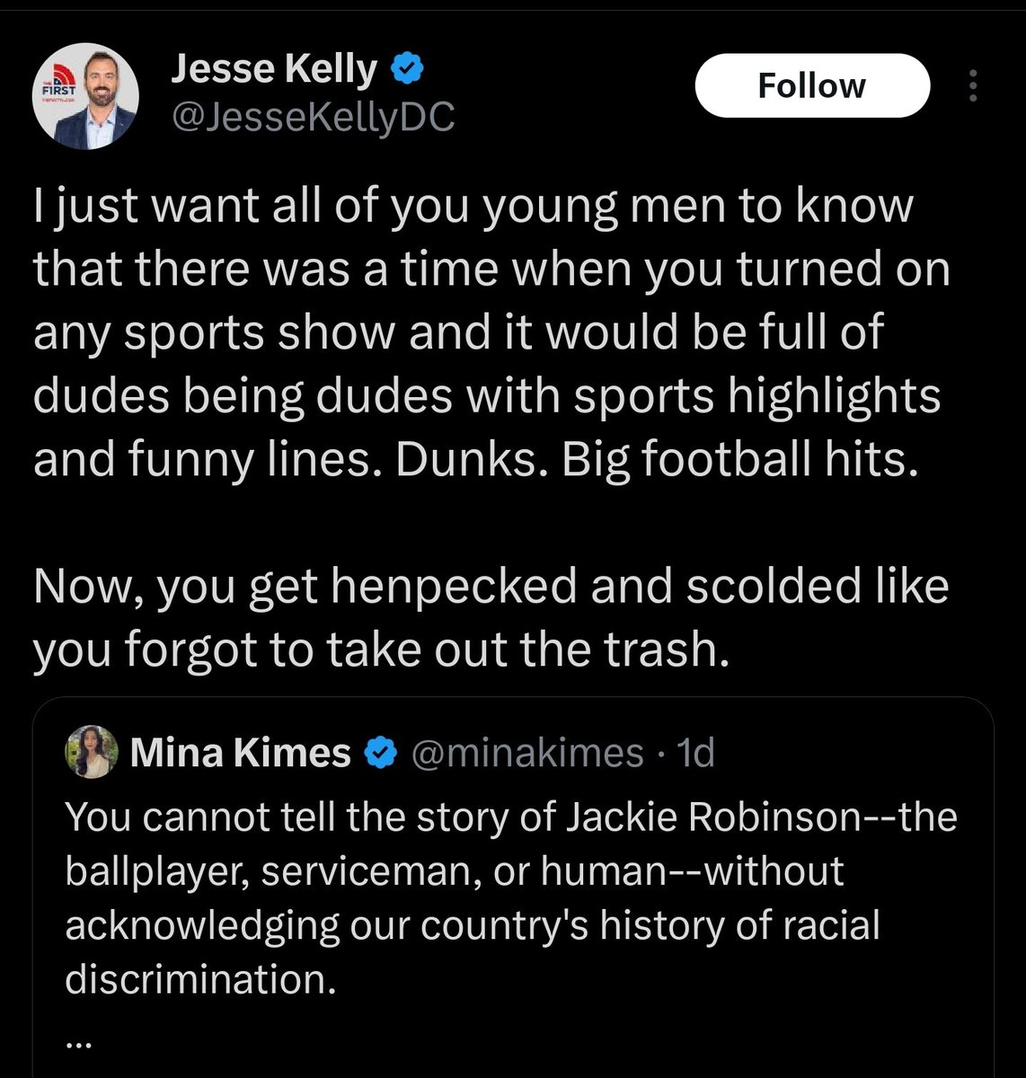 JemalJL's tweet photo. Every sports fan should be appalled at Jackie Robinson being disrespected. But these dudes only outrage grift (screenshot don't retweet) so a woman of color saying anything on TV is enough to pay for his dinner this weekend. https://t.co/rVOZLfnWRb