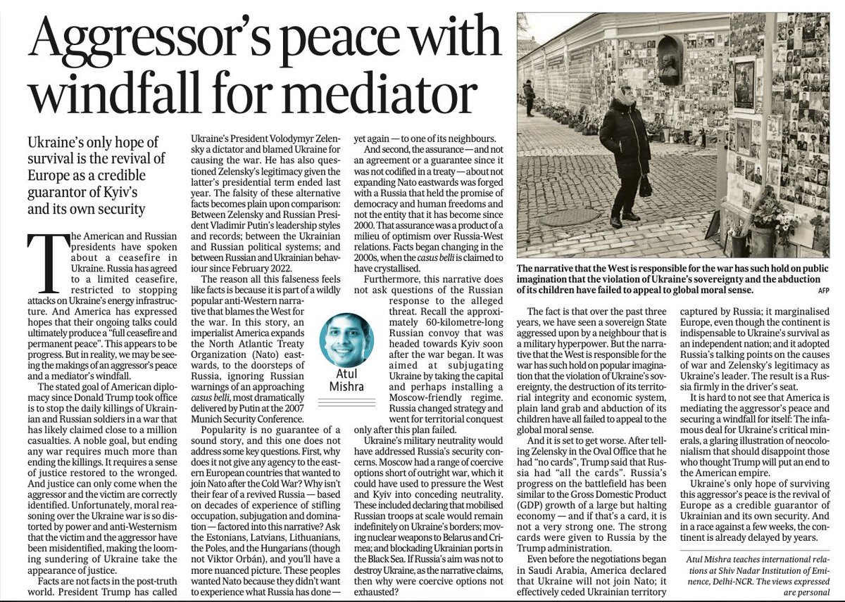 The narrative that NATO's eastward expansion caused the Ukraine war distorts our sense of right and wrong, victim and aggressor. It is based on weak reasoning, &amp; it doesn't ask tough questions of Russian behaviour. My column in today's <a href="/htTweets/">Hindustan Times</a> 

hindustantimes.com/opinion/aggres…