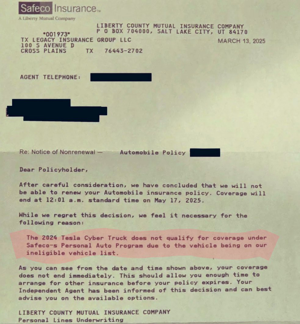 CoffeyTimeNews's tweet image. OMG it’s happening.

‘The 2024 Cybertruck does NOT qualify for coverage under Safeco’s Personal Auto Program due to the vehicle being on our ineligible vehicle list.’

This is gonna leave a mark.

Wow.