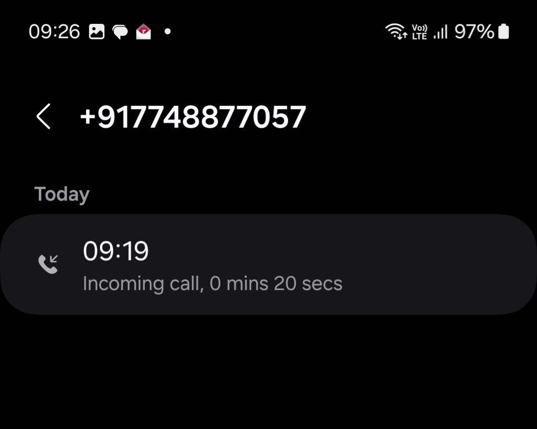 Shrirambuwade's tweet photo. Now I have received call from this fake number(917748877057) and told me I am calling cyber crime branch..

I told them Please come at SP office ..so he disconnected phone..

Please safe this type of fraud calls. https://t.co/eLnpaVUvLc