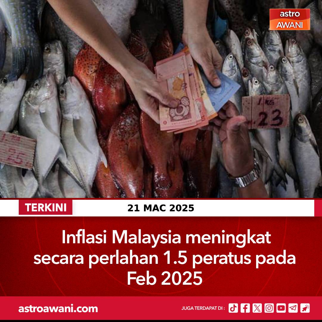 501Awani's tweet photo. Inflasi Malaysia meningkat secara perlahan sebanyak 1.5 peratus pada Februari 2025 dengan mata indeks mencatatkan 134.1 berbanding 132.1 pada bulan yang sama tahun sebelumnya.

Jabatan Perangkaan Malaysia (DOSM) dalam laporan terbaharunya mengenai Indeks Harga Pengguna (IHP) Februari 2025 menyatakan bahawa kenaikan ini dipacu oleh peningkatan lebih perlahan dalam beberapa kumpulan utama perbelanjaan.

Ikuti berita terkini di https://t.co/54tbq5BUpE
#AWANInews