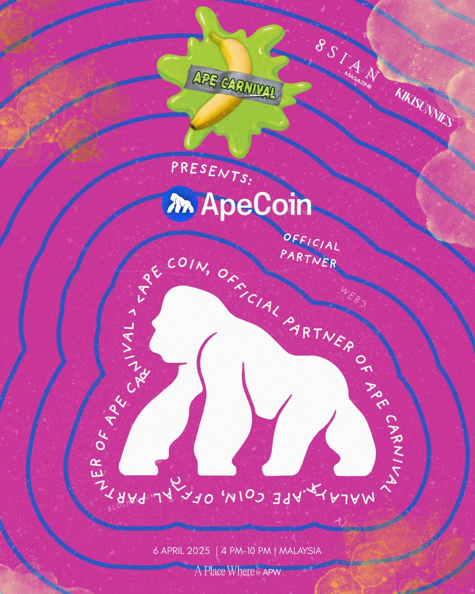 Ape Carnival presents: @ApeCoin as the official partner for the event! 🍌

The festival is coming in hot! 

Join the fun: lu.ma/g3fbl1fj 

P.S. This event is open to all guests, not limited to Bored Ape Yacht Club members!