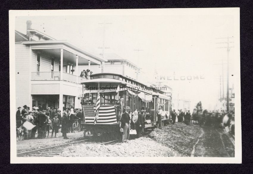 This is the celebration of the first street car to travel to Springfield. It’s at 3rd and Main St and taken around 1910. The building in front is the Springfield Hotel. #tbt #Springfield
