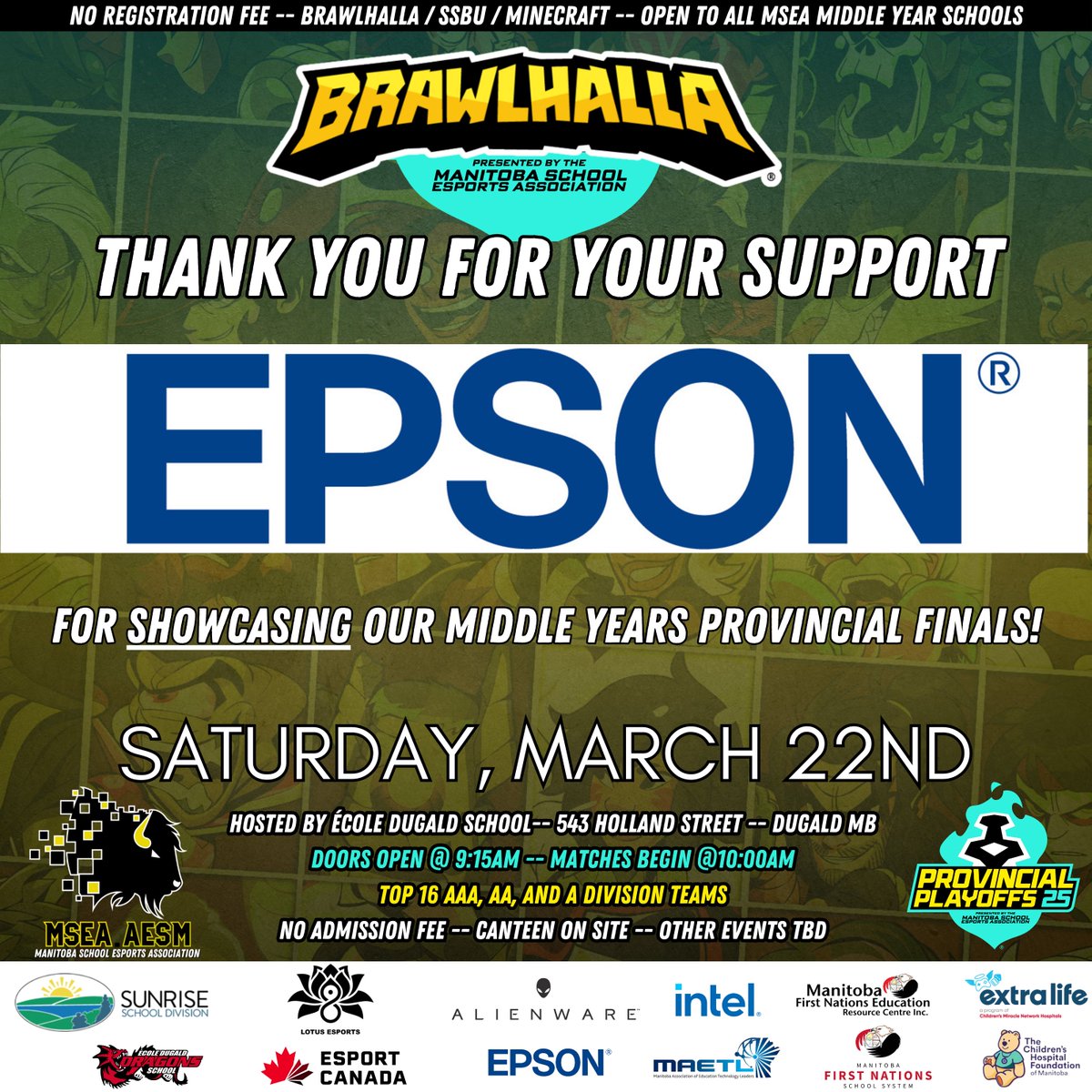 Nathan Koblun (@mrkobesmb) on Twitter photo So excited for Saturday! The <a href="/MSEA_gg/">Manitoba School Esports Association</a> <a href="/Brawlhalla/">Brawlhalla</a> #EsportsEDU Provincial Finals kicks off! So excited for #AlienwareEDUDemo and #IntelGaming powering the event, and <a href="/EpsonCanada/">EpsonCanada</a> bringing the projection and printing! Thank you to all our supporters!
<a href="/KatPapulkas/">Katina</a> So excited for Saturday! The <a href="/MSEA_gg/">Manitoba School Esports Association</a> <a href="/Brawlhalla/">Brawlhalla</a> #EsportsEDU Provincial Finals kicks off! So excited for #AlienwareEDUDemo and #IntelGaming powering the event, and <a href="/EpsonCanada/">EpsonCanada</a> bringing the projection and printing! Thank you to all our supporters!
<a href="/KatPapulkas/">Katina</a>
