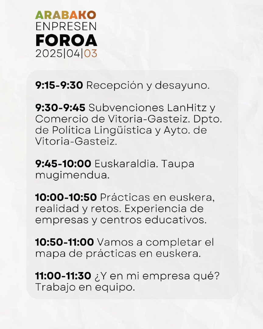 #ArabakoEnpresenForoa ren edizio berria!

📆 Apirilak 3
🕘 9:15
📍Europa Biltzar Jauregia. Gasteiz

Eman izena ➡️ baieuskarari.eus/eu/bloga/2025/…
