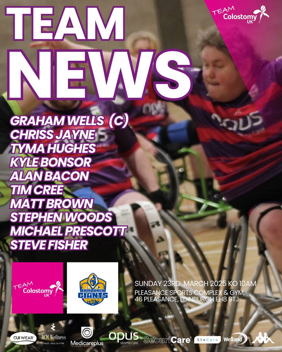 TEAM NEWS! 📣
It's  <a href="/edingiants/">Edinburgh Giants Wheelchair RLFC</a> on day 2️⃣ of our Edinburgh BIG Weekender this Sunday. And this is the Purps on Wheels squad that will be representing us 🏴󠁧󠁢󠁳󠁣󠁴󠁿 🙌
kick off is 10am for the first of 3 games at <a href="/UoESport/">UoE Sport</a> Pleasance Sports Complex, and entry is free!

#UpThePurps💜